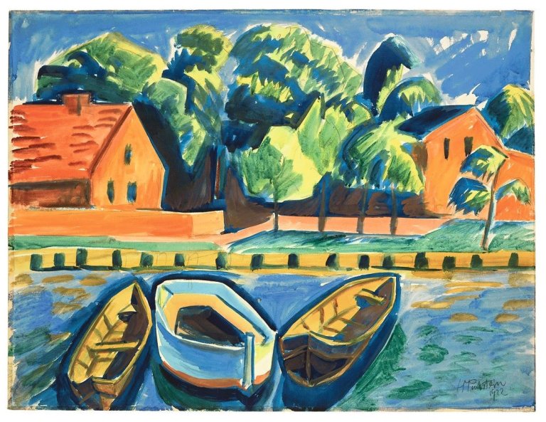 Auf diesem Bild ist das folgende Kunstwerk zu sehen: Max Pechstein. Drei Boote (Leba). 1922.