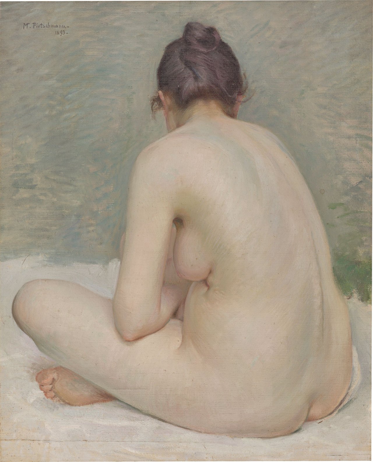 Auf diesem Bild ist das folgende Kunstwerk zu sehen: Max Pietschmann. Sitzender weiblicher Rückenakt. 1893.