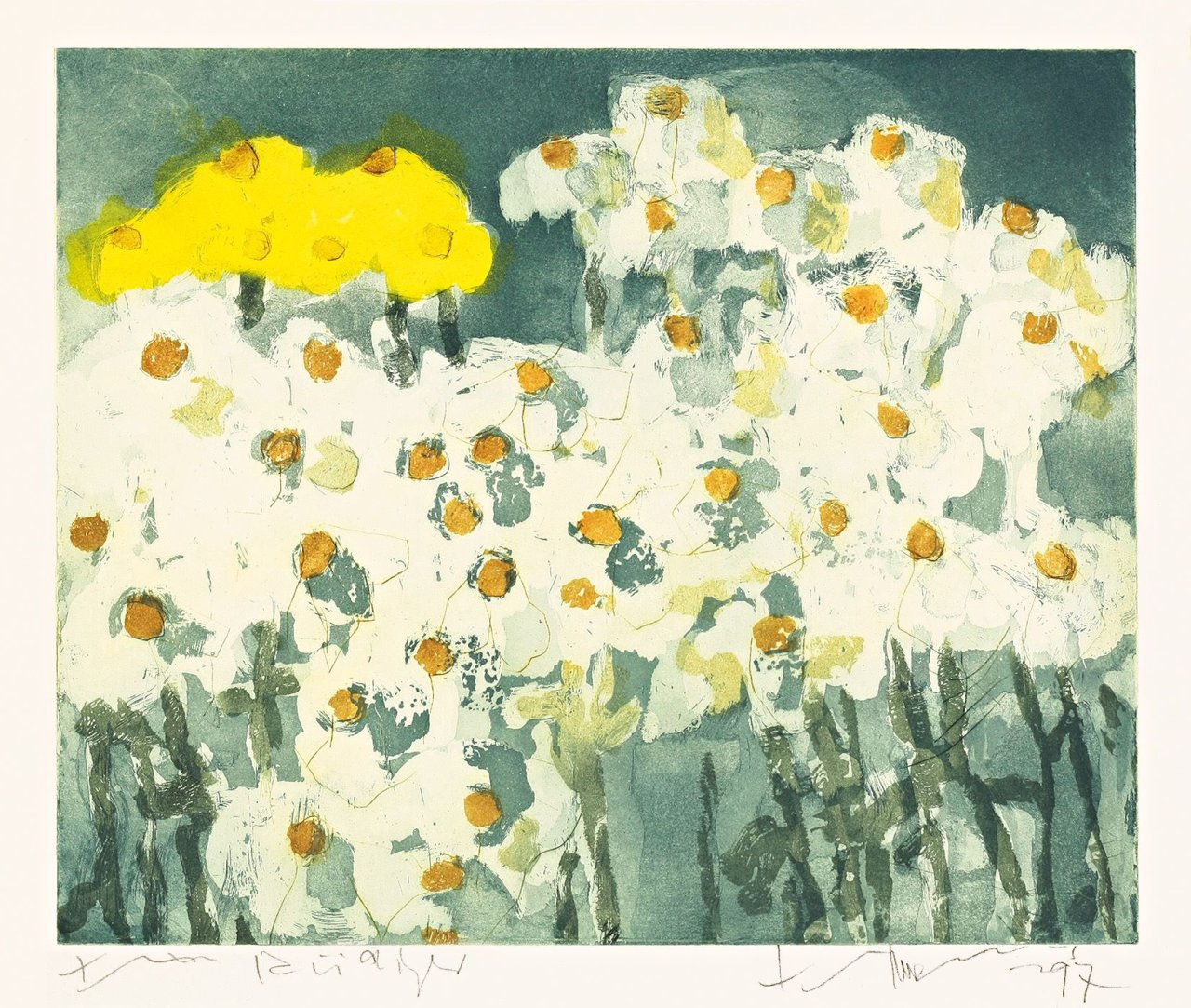 Auf diesem Bild ist das folgende Kunstwerk zu sehen: Klaus Fußmann. „Margeriten und Rudbeckia“. 1998.