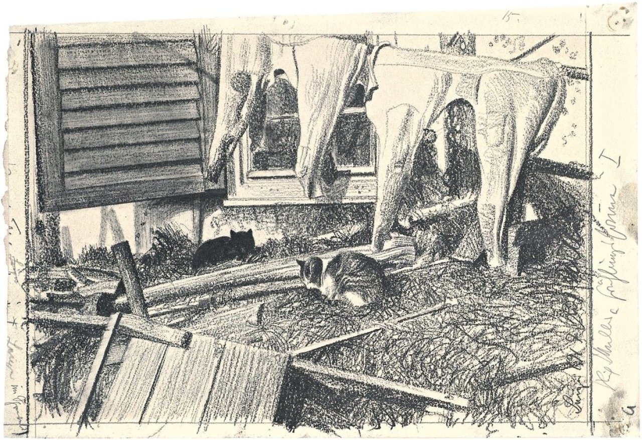 Auf diesem Bild ist das folgende Kunstwerk zu sehen: Richard Müller. „Frühlingssonne (Wäsche auf der Leine) “. 1917.
