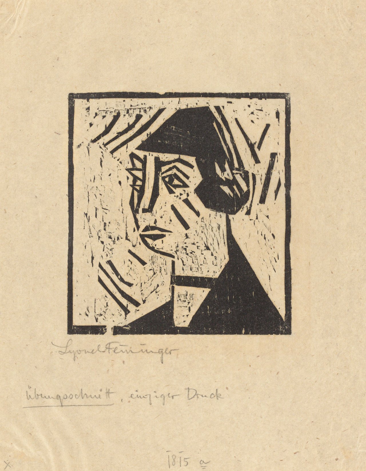 Auf diesem Bild ist das folgende Kunstwerk zu sehen: Lyonel Feininger. „Kopf einer Frau mit Halsband“. 1918.