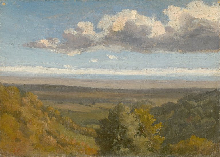 Auf diesem Bild ist das folgende Kunstwerk zu sehen:  Französisch. Himmel über einem bewaldeten Abhang. 1851 (?).