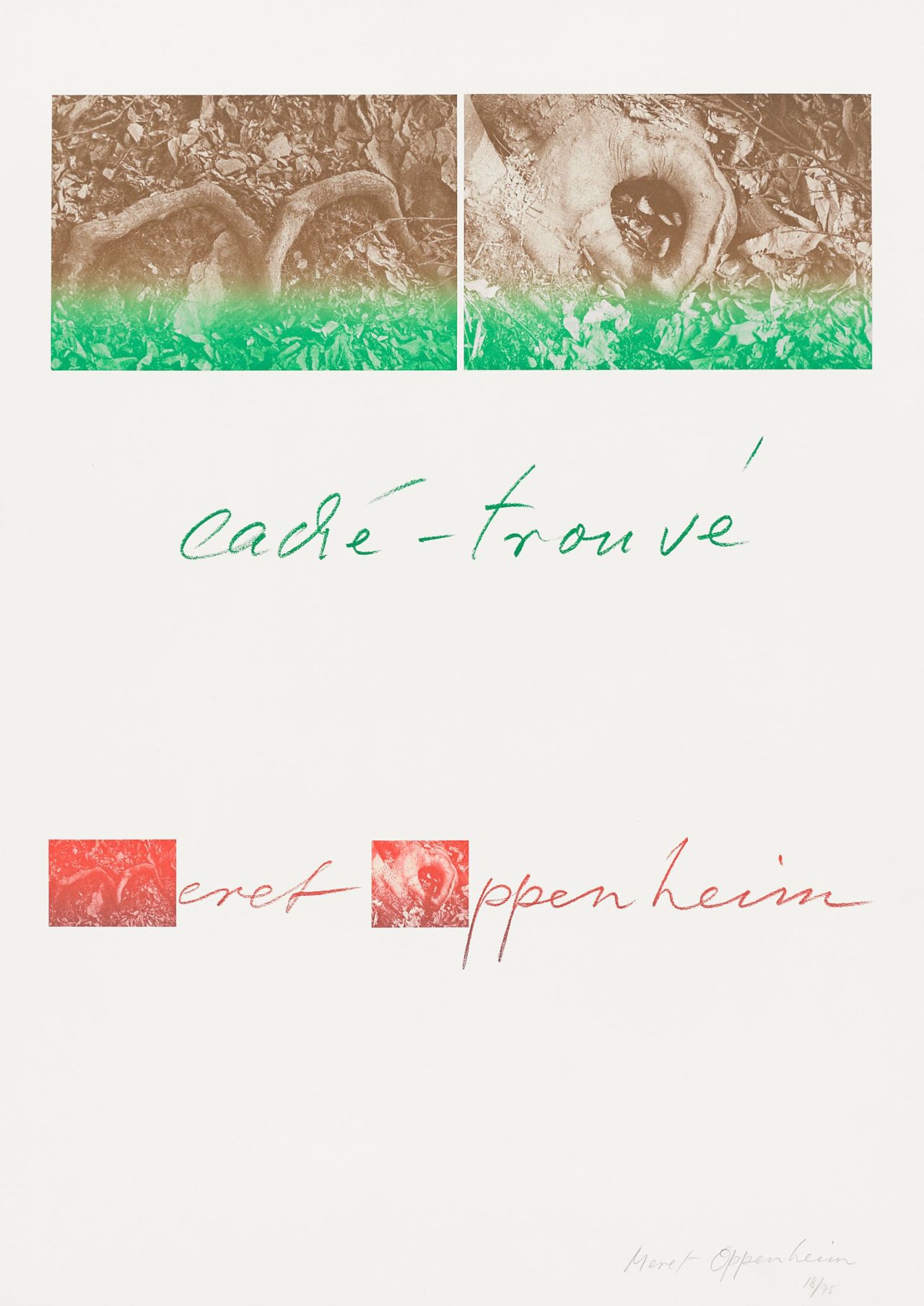 Auf diesem Bild ist das folgende Kunstwerk zu sehen: Meret Oppenheim. „Caché - Trouvé“. Um 1970.