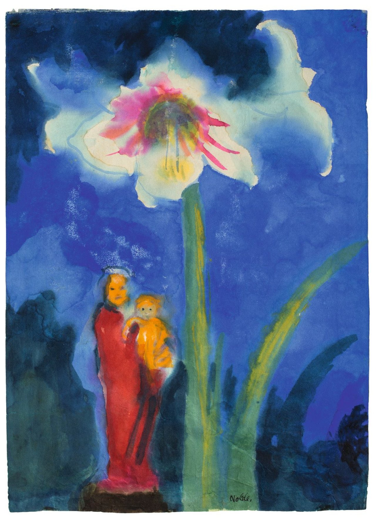 This picture shows the following artwork: Emil Nolde. „Stilleben mit einer weiß blühenden Amaryllis und einer roten Madonnenfigur“. Circa 1930/40.