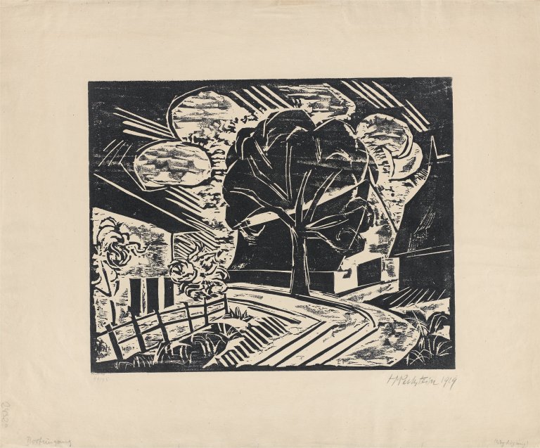 Auf diesem Bild ist das folgende Kunstwerk zu sehen: Max Pechstein. „Am Dorfeingang“. 1918.