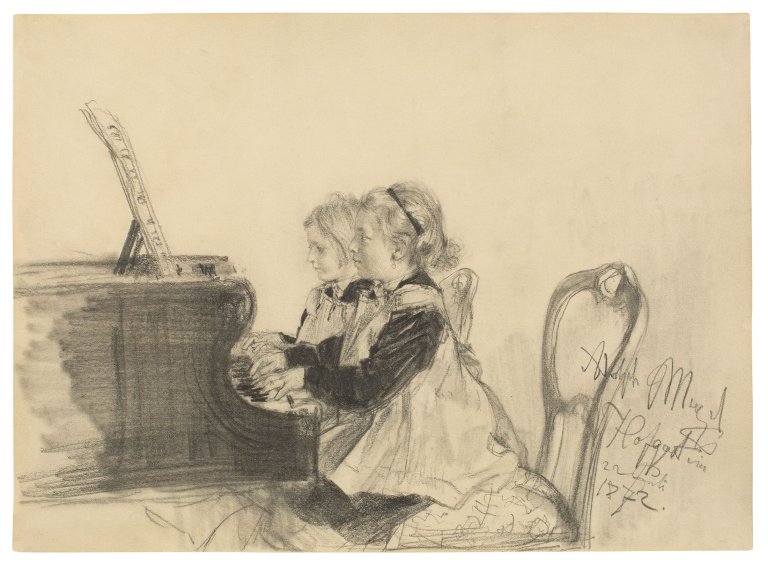 Auf diesem Bild ist das folgende Kunstwerk zu sehen: Adolph Menzel. Therese und Grete Herrmann beim Klavierspiel. 1872.