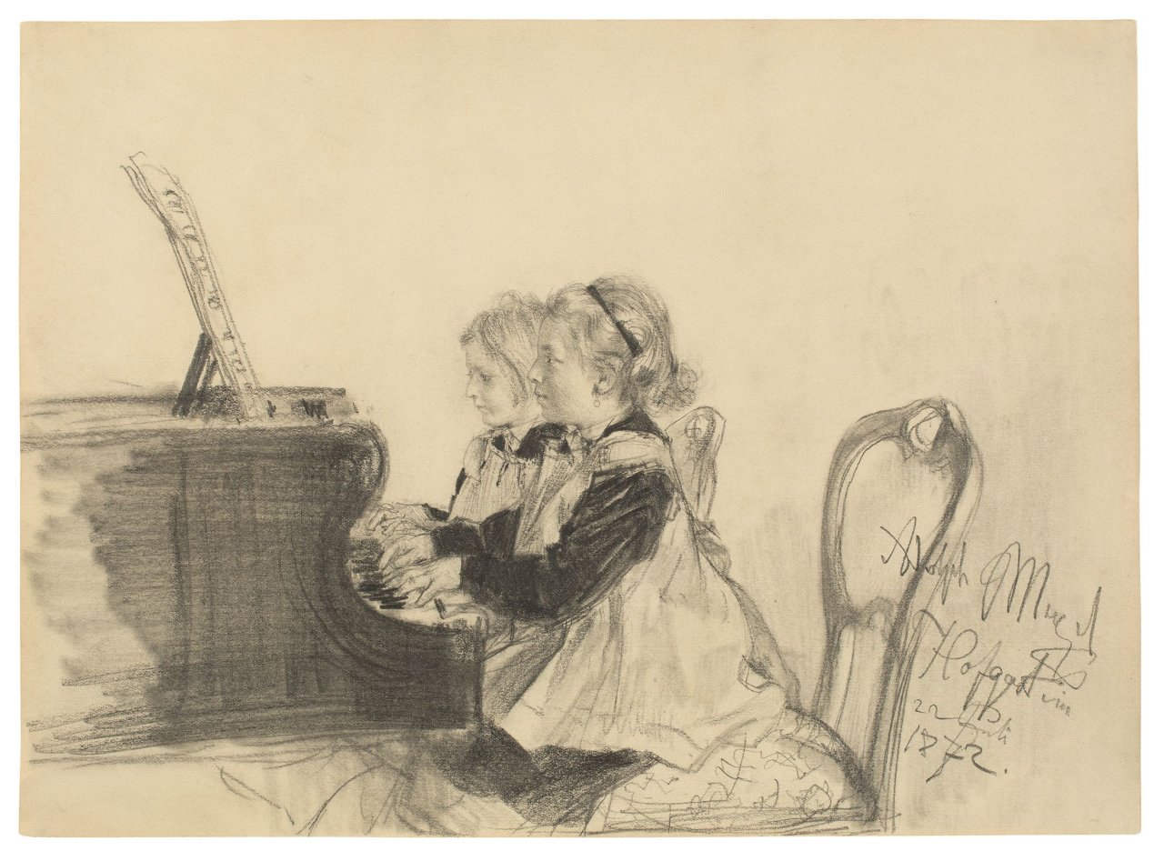 This picture shows the following artwork: Adolph Menzel. Therese und Grete Herrmann beim Klavierspiel. 1872.