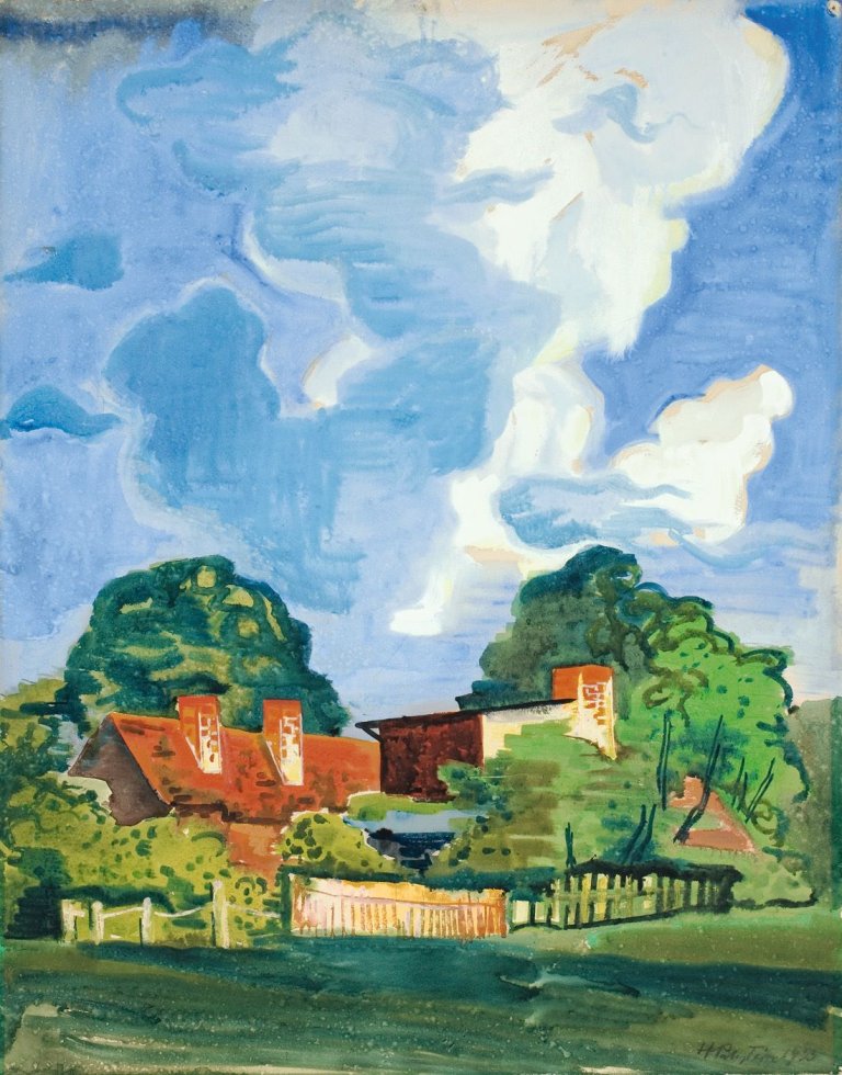 Auf diesem Bild ist das folgende Kunstwerk zu sehen: Max Pechstein. Bauernhof unter großer Wolke. 1933.