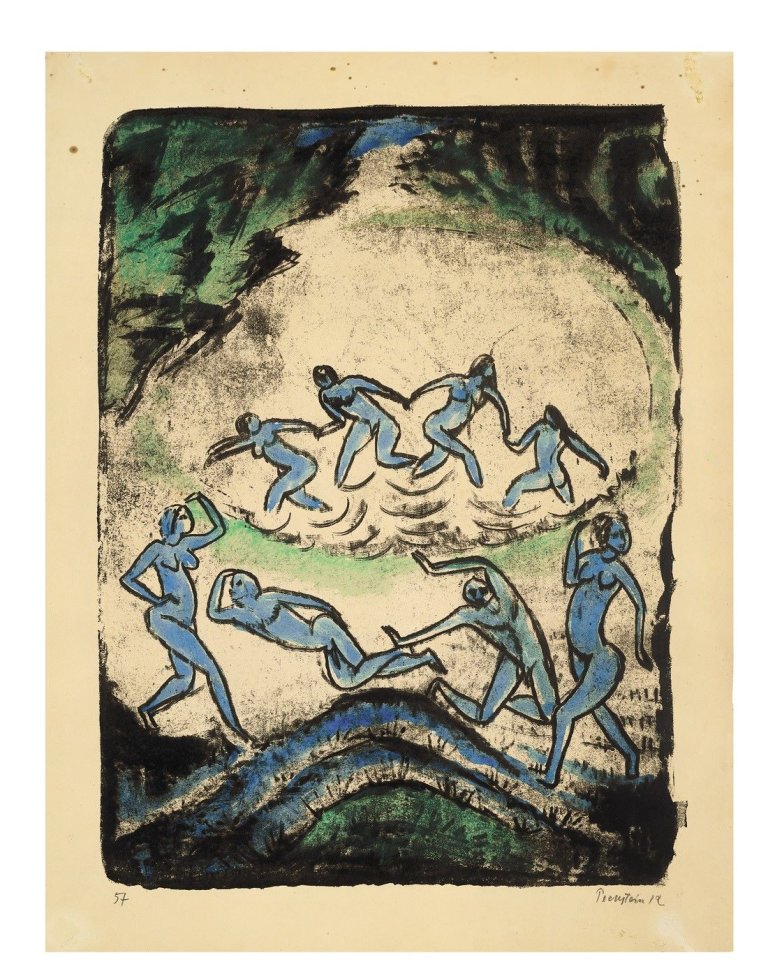 Auf diesem Bild ist das folgende Kunstwerk zu sehen: Max Pechstein. „Der Tanz (Tanzende und Badende am Waldteich)“. 1912.