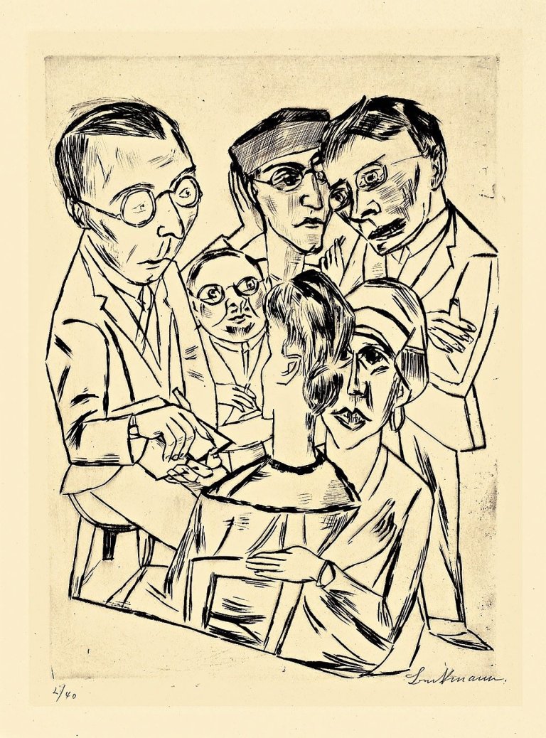 Auf diesem Bild ist das folgende Kunstwerk zu sehen: Max Beckmann. „Der Zeichner in Gesellschaft“. 1922.