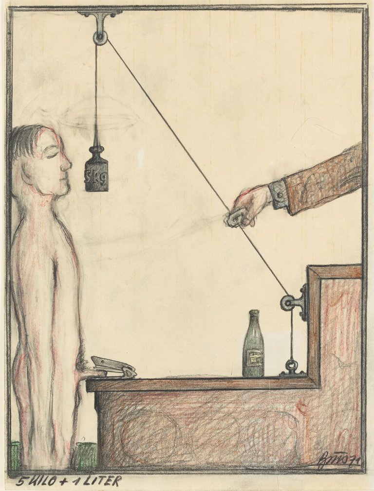 Auf diesem Bild ist das folgende Kunstwerk zu sehen: Günter Brus. „5 Kilo + 1 Liter“. 1971.