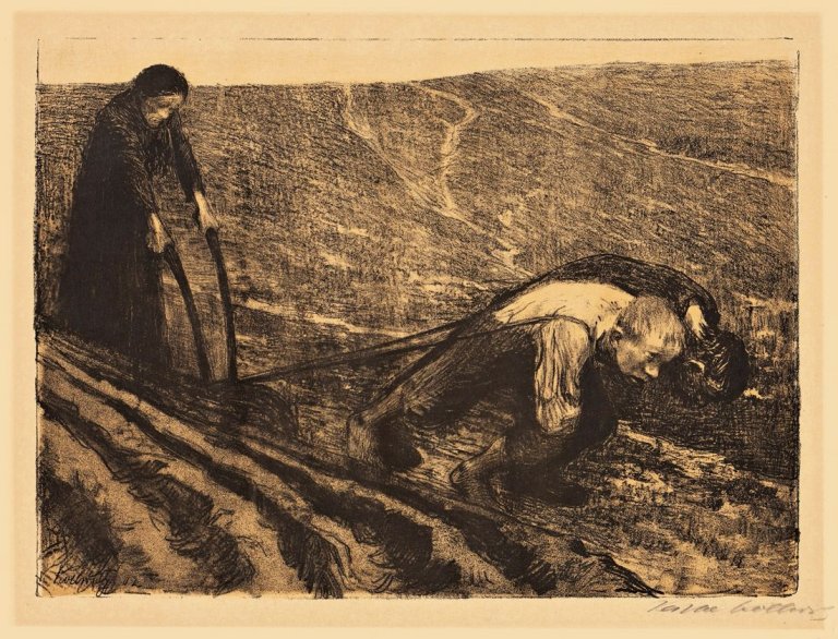 Auf diesem Bild ist das folgende Kunstwerk zu sehen: Käthe Kollwitz. „Pflugzieher und Weib“. 1902.