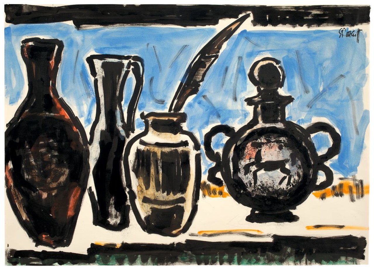Auf diesem Bild ist das folgende Kunstwerk zu sehen: Karl Schmidt-Rottluff. „Dunkle Vasen vor Blau“. 1962.