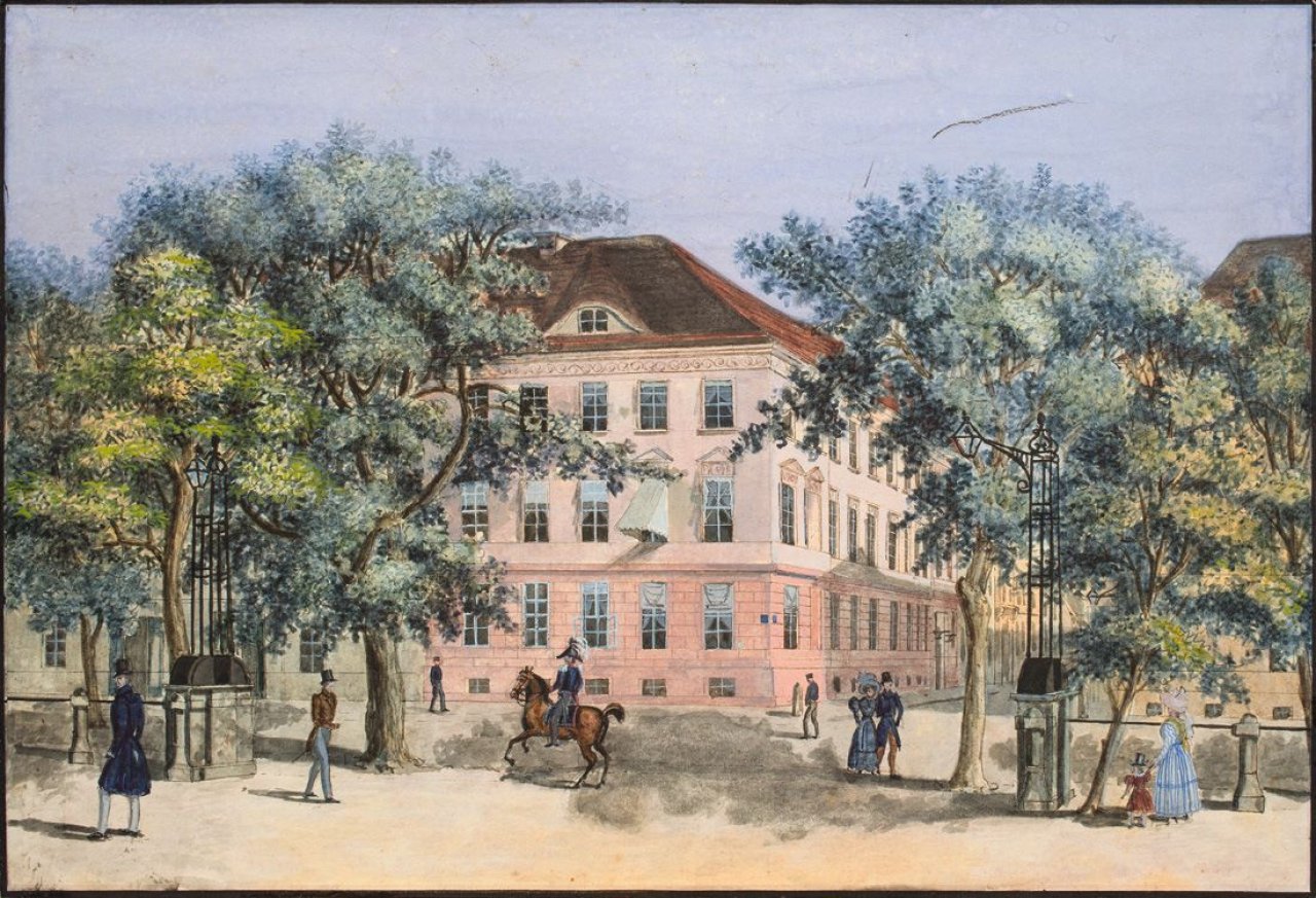 Auf diesem Bild ist das folgende Kunstwerk zu sehen:  Deutsch, um 1820. Berlin, Kleine Wallstrasse 13 / Ecke Unter den Linden.
