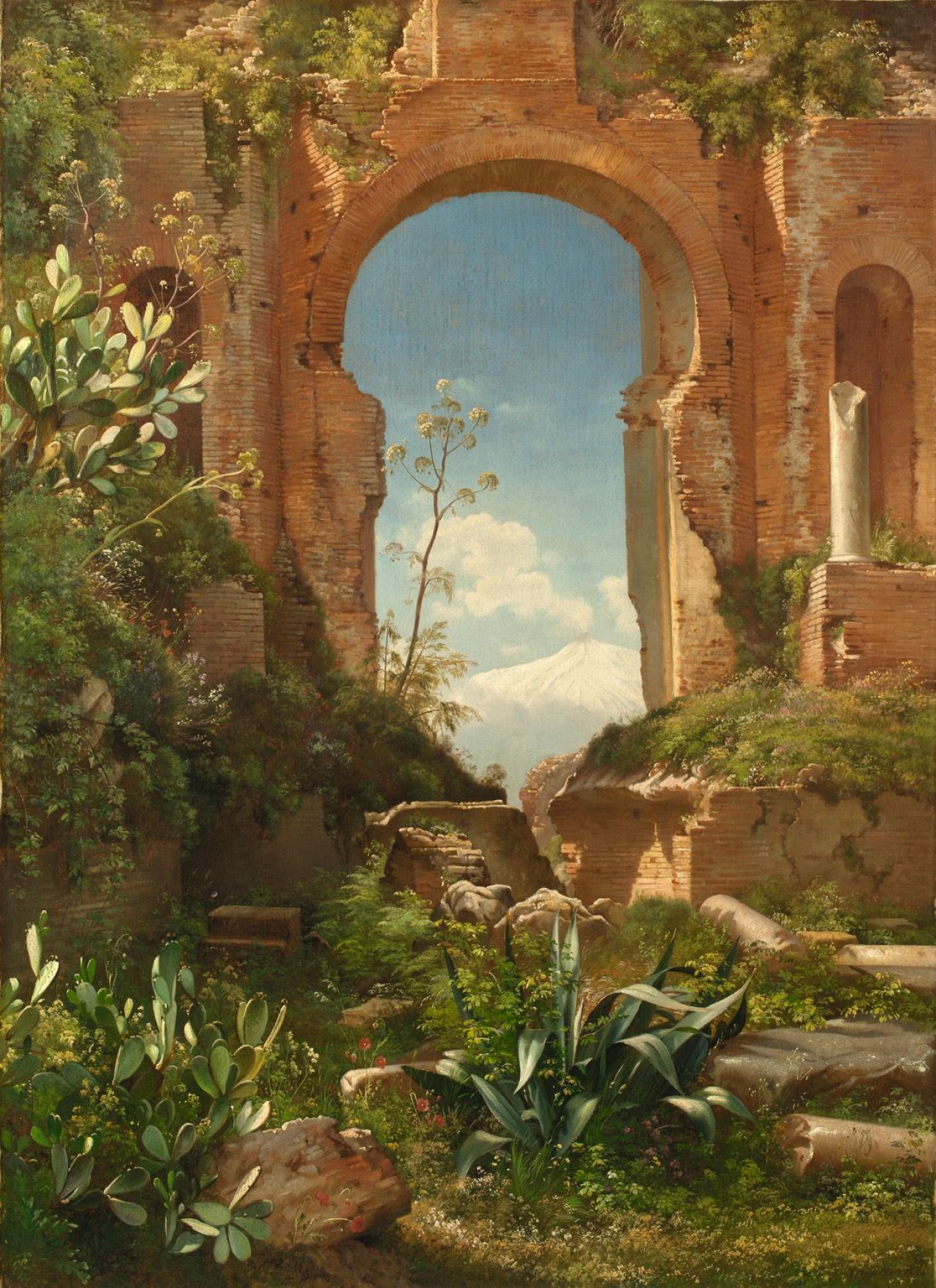 Auf diesem Bild ist das folgende Kunstwerk zu sehen: Carl Frederik Aagaard. Blick durch Ruinen auf den Ätna. 1871.