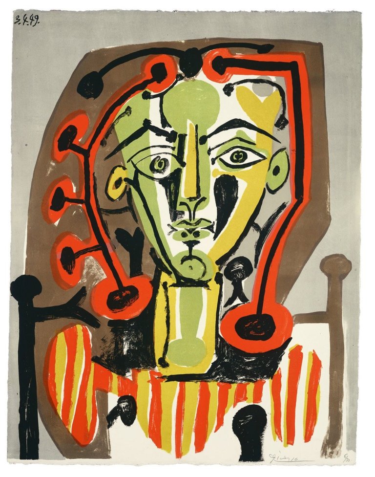 Auf diesem Bild ist das folgende Kunstwerk zu sehen: Pablo Picasso. „Figure au corsage rayé“. 1949.