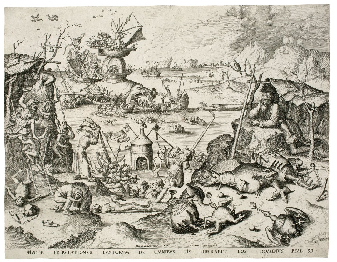 Auf diesem Bild ist das folgende Kunstwerk zu sehen: Nach Hieronymus Bosch. „Die Versuchung des Heiligen Christophorus“ – ehemals bekannt als „Die Versuchung des Heiligen Antonius“. 1561.
