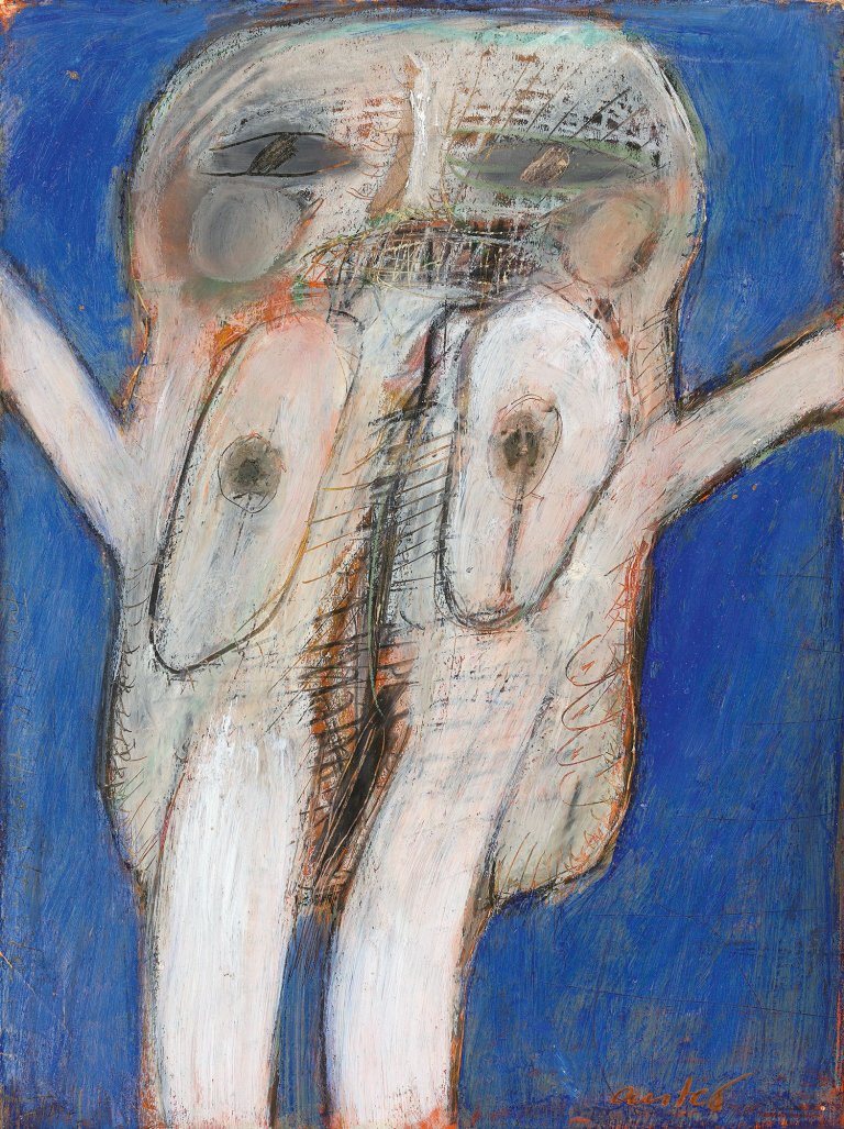 Auf diesem Bild ist das folgende Kunstwerk zu sehen: Horst Antes. Weiße Figur auf Blau. 1959.