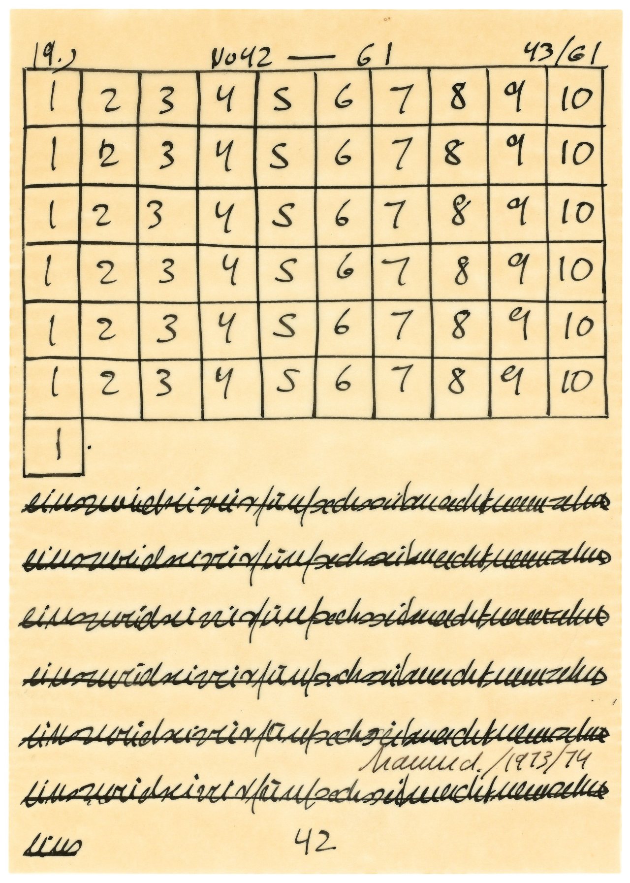 Auf diesem Bild ist das folgende Kunstwerk zu sehen: Hanne Darboven. „No 42 - 61“. 1973/4.