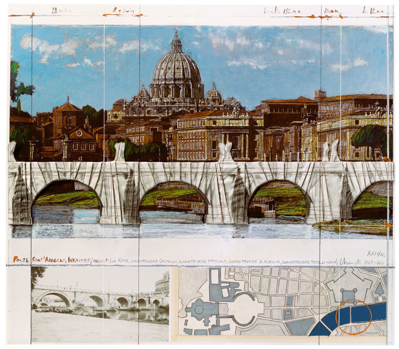 Auf diesem Bild ist das folgende Kunstwerk zu sehen:  Christo. „Ponte Sant’Angelo, Wrapped (Project for Rome)“. 2011.