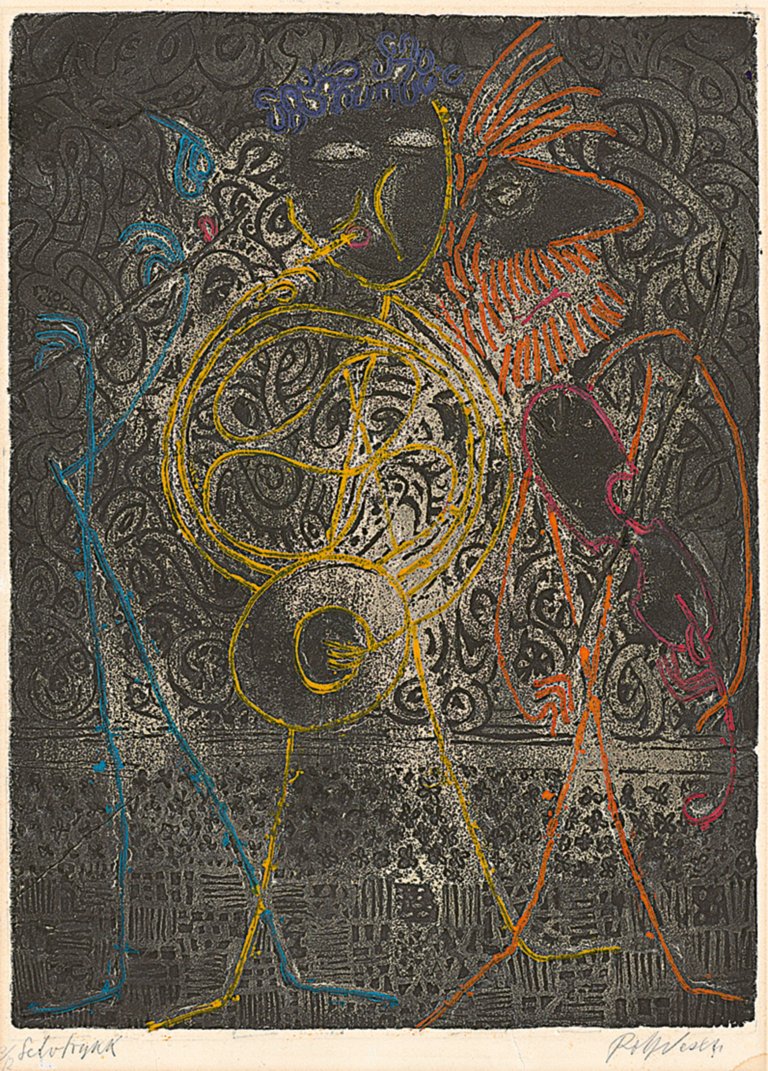 Auf diesem Bild ist das folgende Kunstwerk zu sehen: Rolf Nesch. „Drei Musikanten“. 1952.