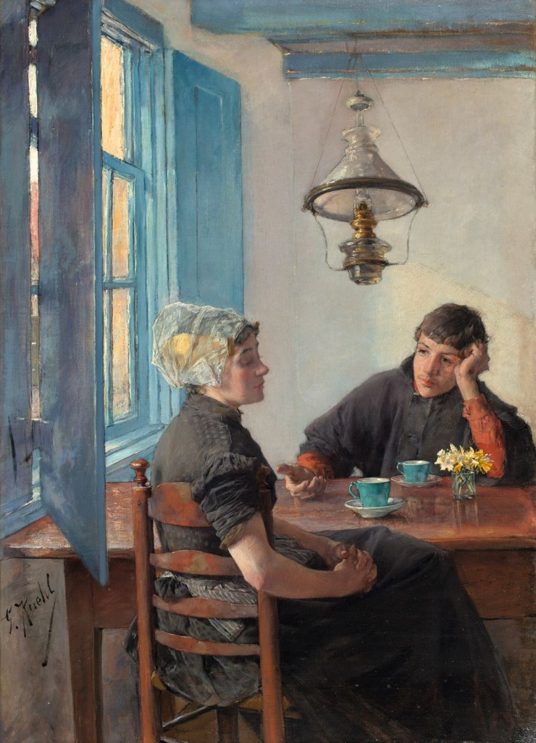 Auf diesem Bild ist das folgende Kunstwerk zu sehen: Gotthardt Kuehl. „Paar am Teetisch“. Ende 1880er Jahre.