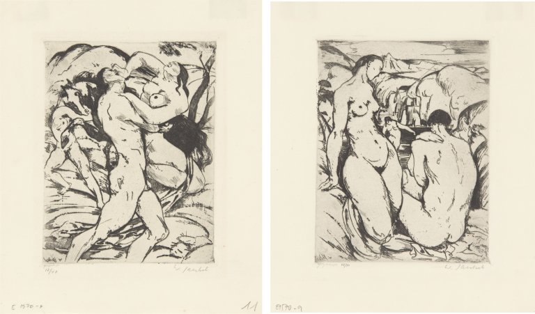 Auf diesem Bild ist das folgende Kunstwerk zu sehen: Willy Jaeckel. „Paar und Badende im Bergsee“ / „Paar miteinander ringend, Pferd im Hintergrund“. 1915.