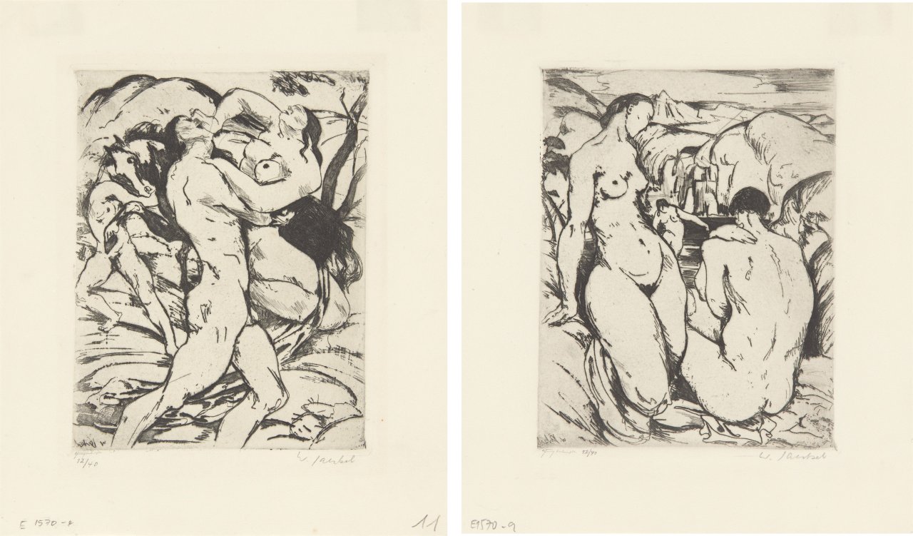 Auf diesem Bild ist das folgende Kunstwerk zu sehen: Willy Jaeckel. „Paar und Badende im Bergsee“ / „Paar miteinander ringend, Pferd im Hintergrund“. 1915.