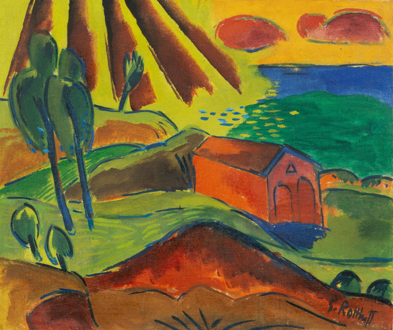 Auf diesem Bild ist das folgende Kunstwerk zu sehen: Karl Schmidt-Rottluff. „Bootshaus in Jershöft (Rettungshaus am Strand)“. 1920.
