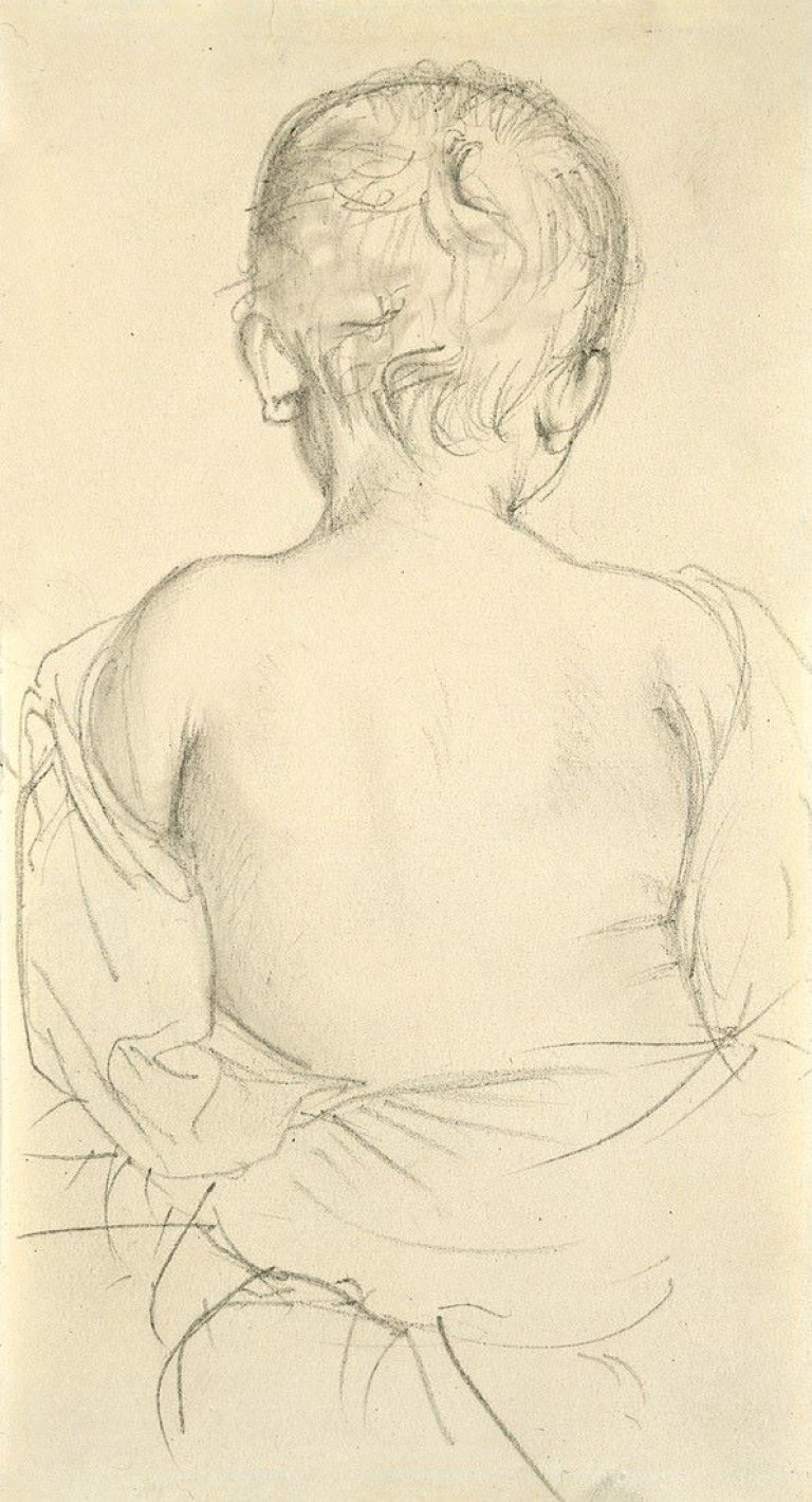 Auf diesem Bild ist das folgende Kunstwerk zu sehen: Adolph Menzel. Rückenansicht eines sitzenden Kindes. Um 1863/64.