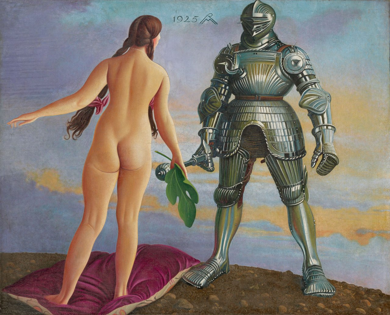 This picture shows the following artwork: Richard Müller. ”Mädchenakt mit Ritter in Rüstung”. 1925.