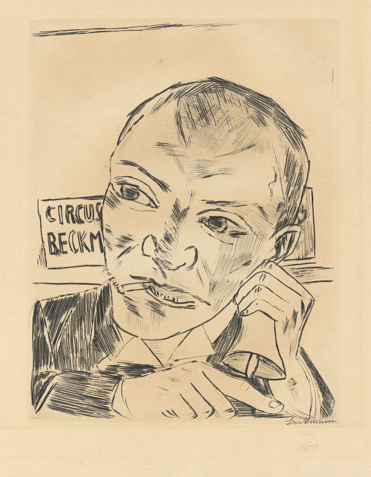 Auf diesem Bild ist das folgende Kunstwerk zu sehen: Max Beckmann. „Der Ausrufer (Selbstbildnis)“. 1921.
