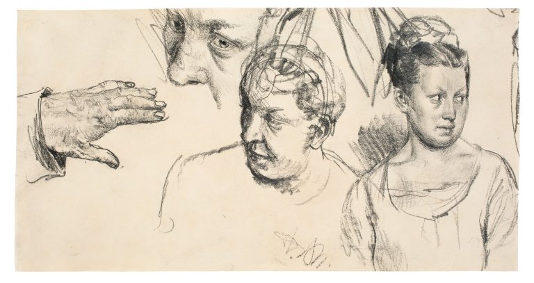 Auf diesem Bild ist das folgende Kunstwerk zu sehen: Adolph Menzel. Studie mit Frauenköpfen. Um 1870/80.