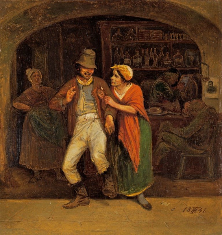 Auf diesem Bild ist das folgende Kunstwerk zu sehen: Theodor Hosemann. In der Schänke. 1841.
