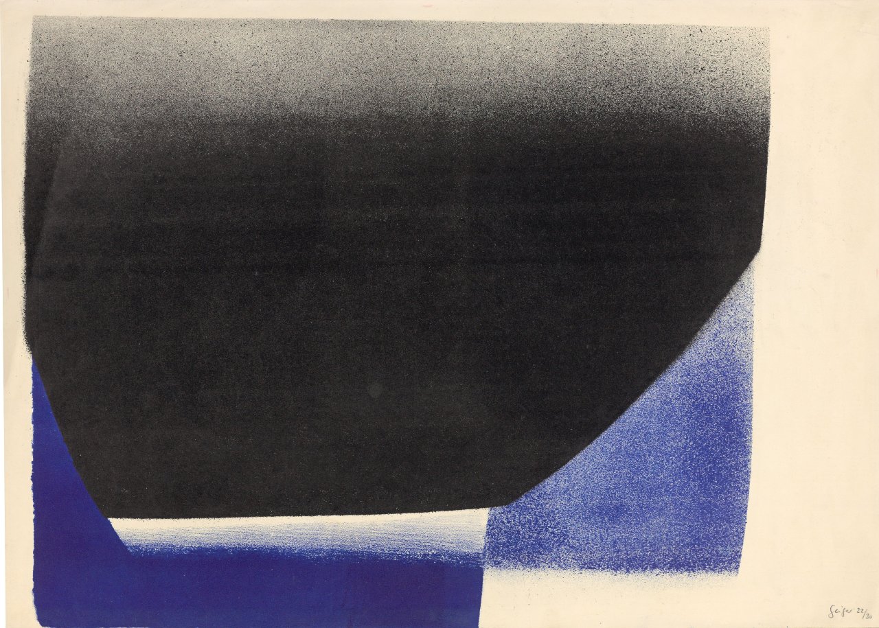 Auf diesem Bild ist das folgende Kunstwerk zu sehen: Rupprecht Geiger. „Schwarz mit Blau / blau - schwarz“. 1958.