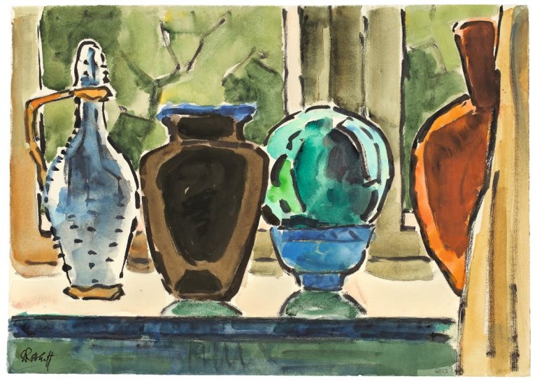 Auf diesem Bild ist das folgende Kunstwerk zu sehen: Karl Schmidt-Rottluff. Stilleben mit Flasche, Vasen und Schale. 1960.