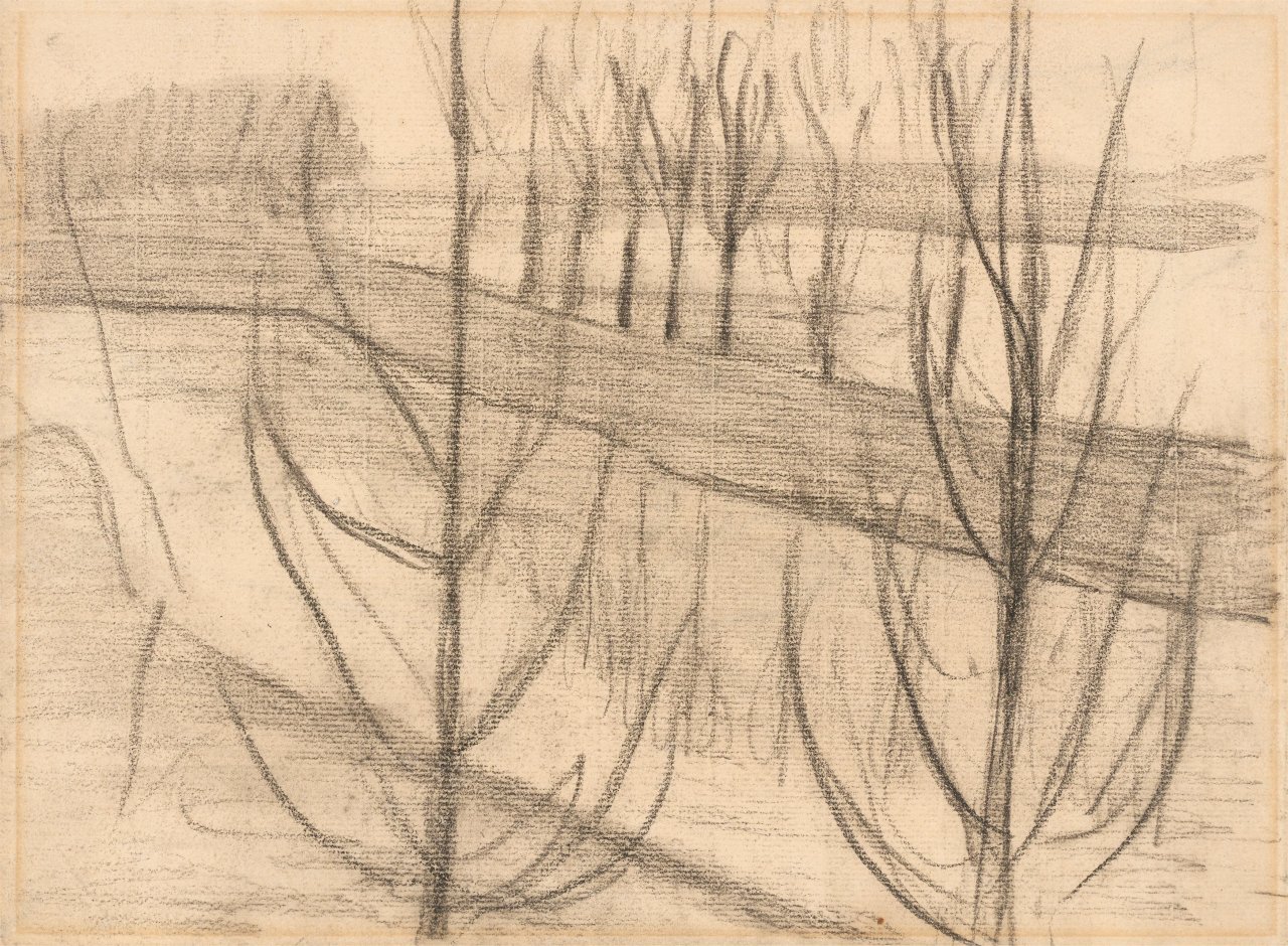 Auf diesem Bild ist das folgende Kunstwerk zu sehen: Paula Modersohn-Becker. „Überschwemmte Flusslandschaft mit Bäumen“. 1903.