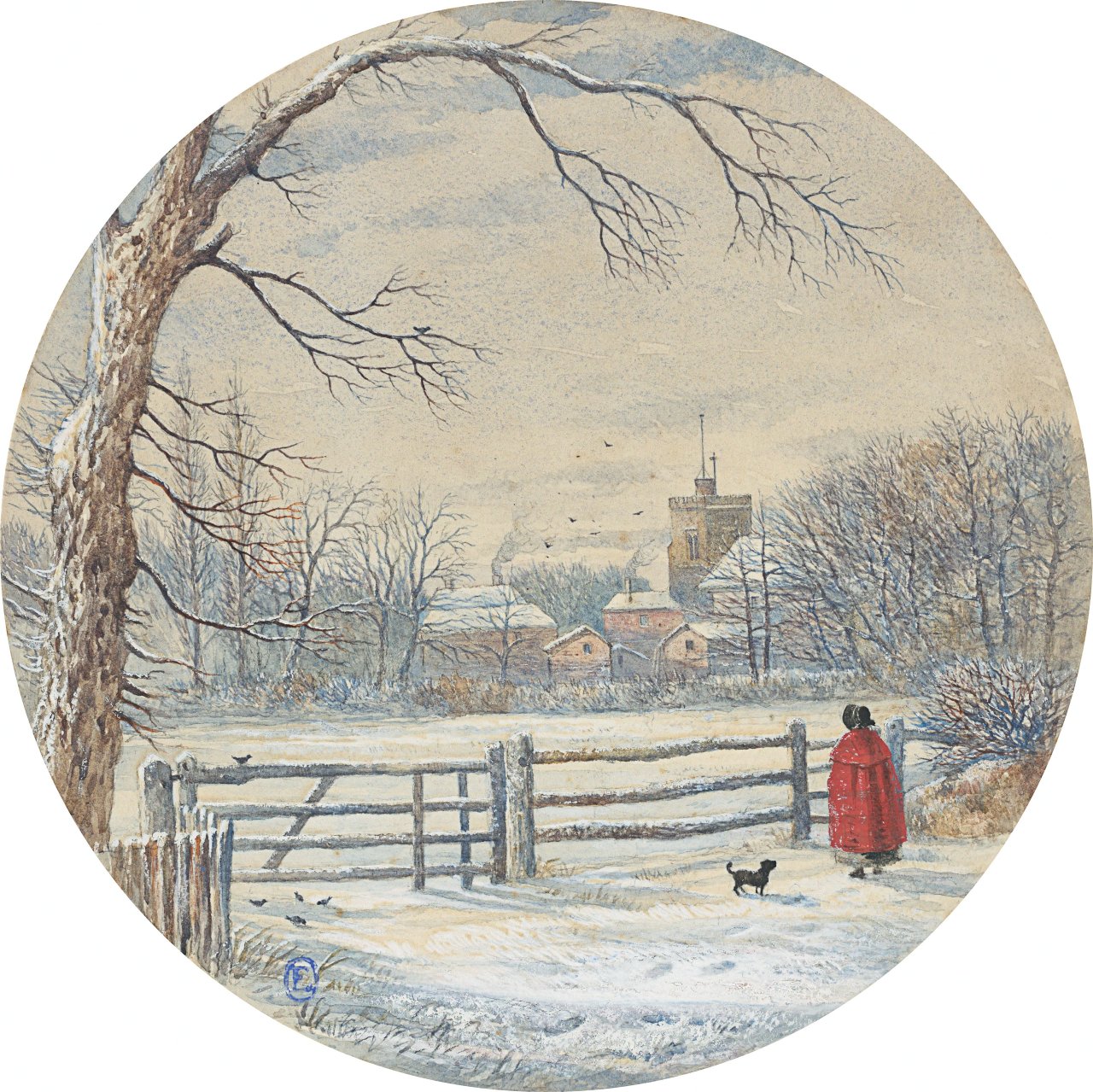 This picture shows the following artwork: Ernst Ferdinand Oehme. The village of Maxen with a woman in a red coat. Circa 1844.