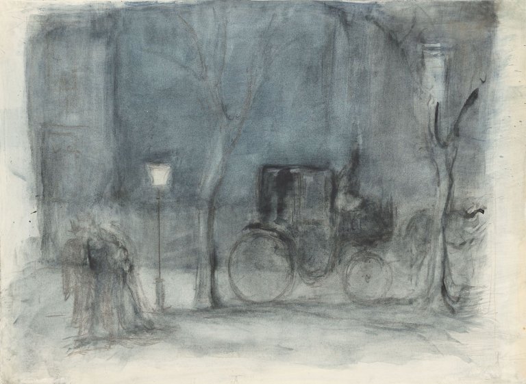 Auf diesem Bild ist das folgende Kunstwerk zu sehen: Hans Meid. Pferdedroschke vor Laterne. Um 1926.