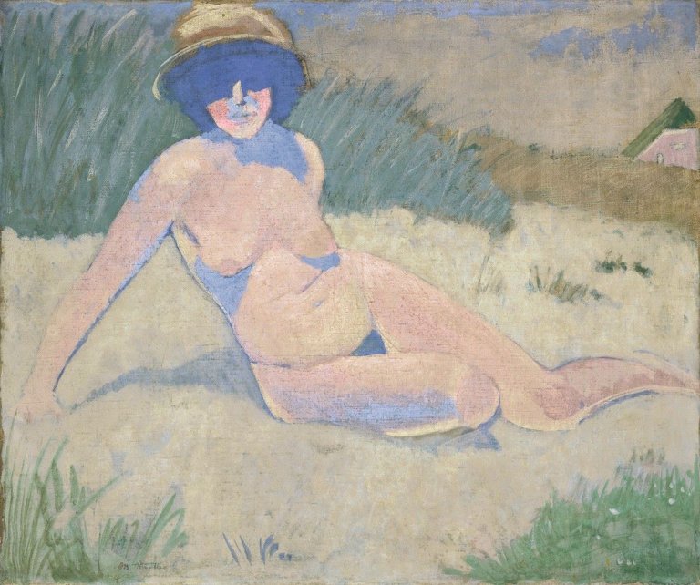 Auf diesem Bild ist das folgende Kunstwerk zu sehen: Otto Mueller. „Weiblicher Akt in den Dünen“. Um 1911.