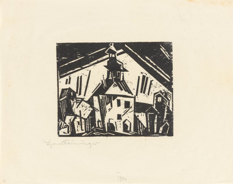 Auf diesem Bild ist das folgende Kunstwerk zu sehen: Lyonel Feininger. „Rathaus von Zottelstedt“. 1918.