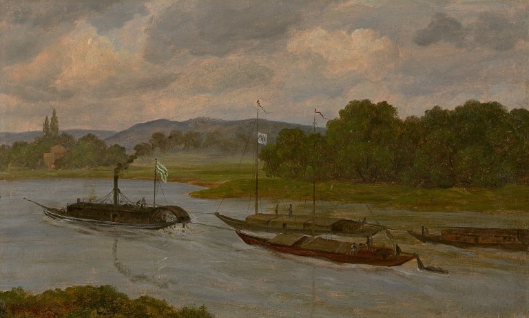 Auf diesem Bild ist das folgende Kunstwerk zu sehen: Gustav Friedrich Papperitz. Das erste Schleppdampfschiff auf der Elbe. Nach 1836.