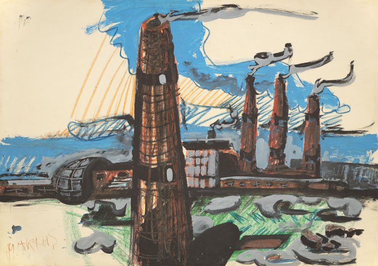 Auf diesem Bild ist das folgende Kunstwerk zu sehen: Markus Lüpertz. Ohne Titel (Industrielandschaft). Ende 1960er-Jahre/Anfang 1970er-Jahre.