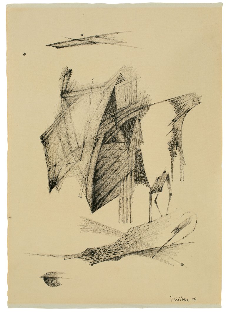 Auf diesem Bild ist das folgende Kunstwerk zu sehen: Heinz Trökes. „o.T. (Surreale Landschaft)“. 1948.