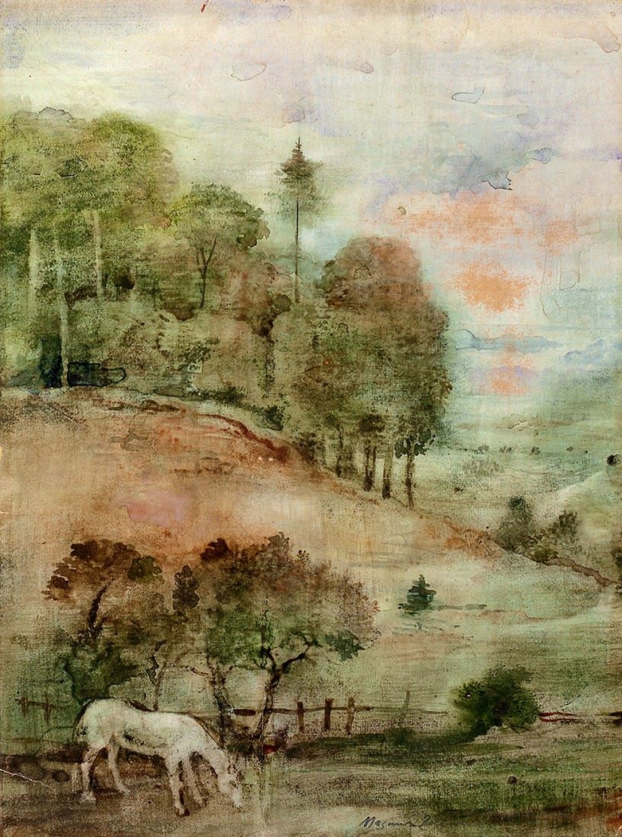 Auf diesem Bild ist das folgende Kunstwerk zu sehen: Magnus Zeller. Pferd in hügeliger Landschaft. 1950er Jahre.