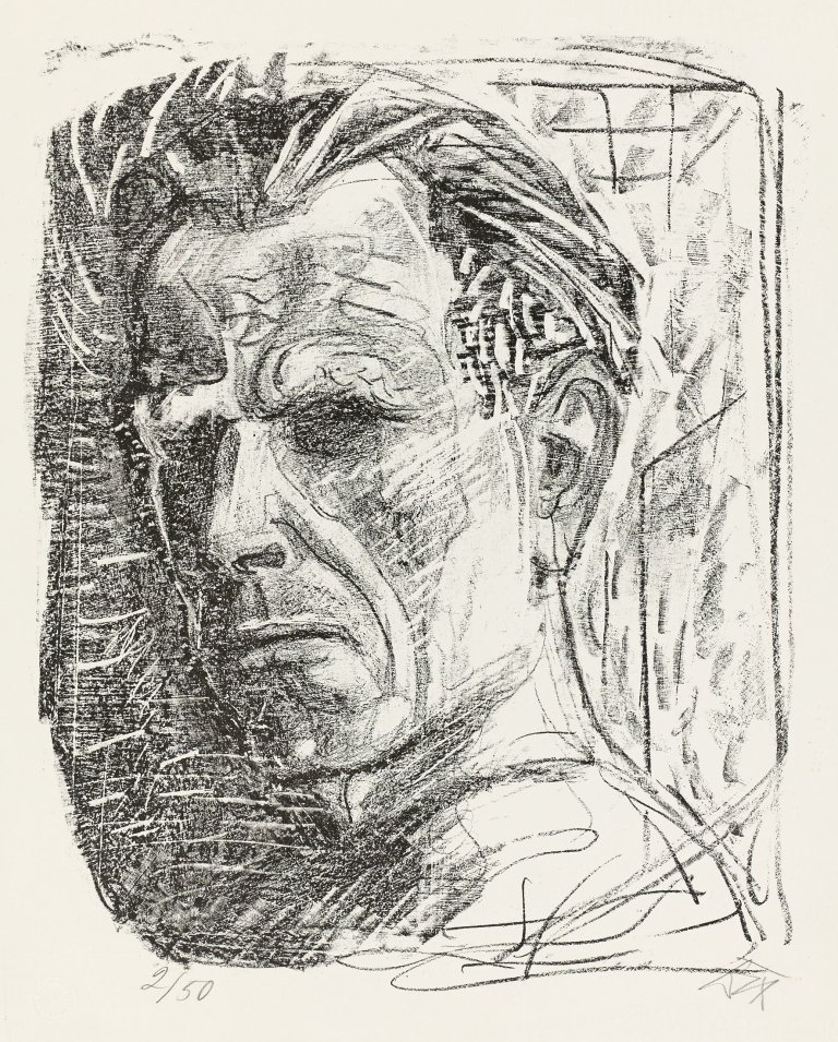 Auf diesem Bild ist das folgende Kunstwerk zu sehen: Otto Dix. „Selbstbildnis III (nach links, Kragenlinie dick)“. 1948.