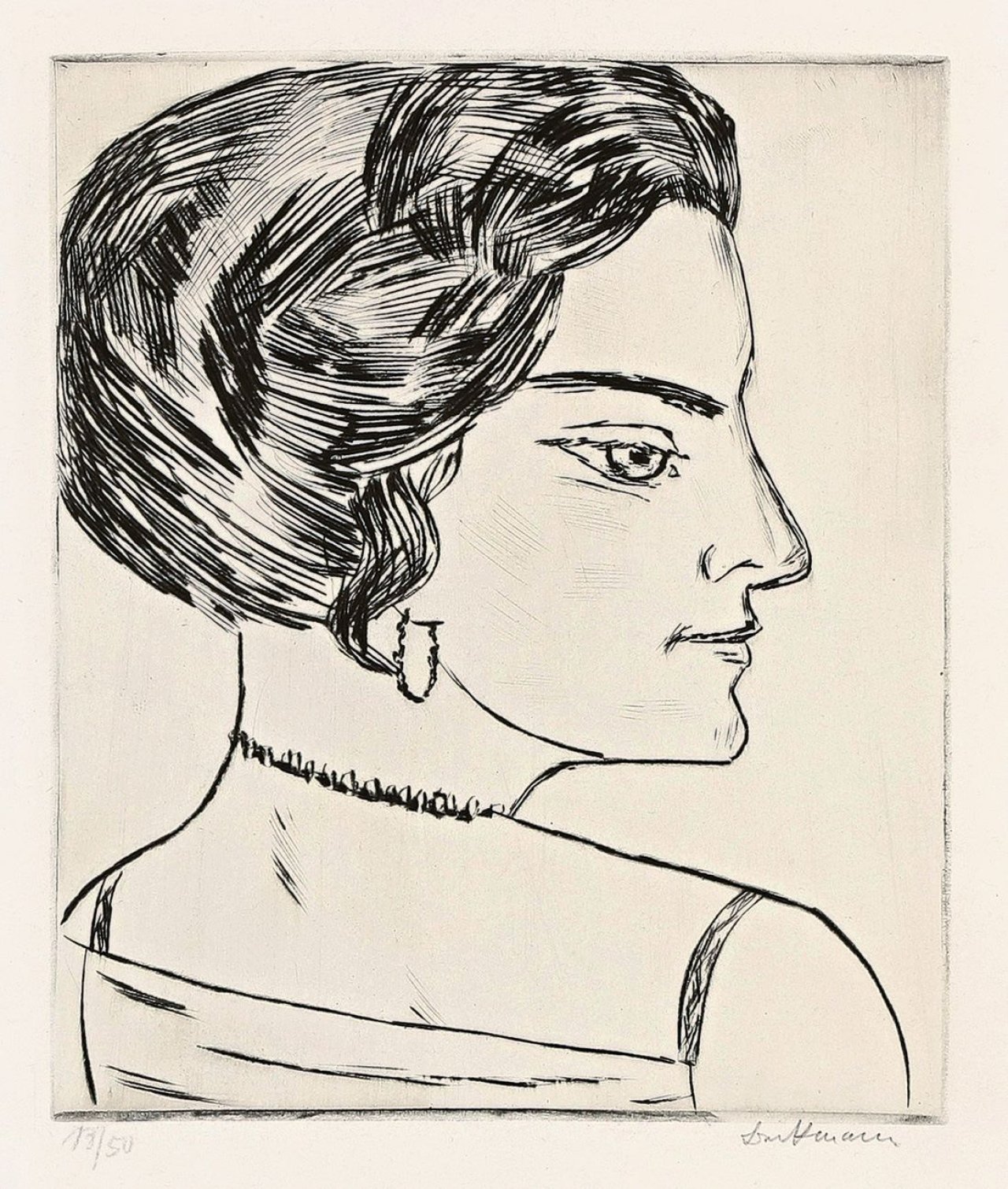 Auf diesem Bild ist das folgende Kunstwerk zu sehen: Max Beckmann. „Naila im Profil (Bildnis Frau H.M.)“. 1923.