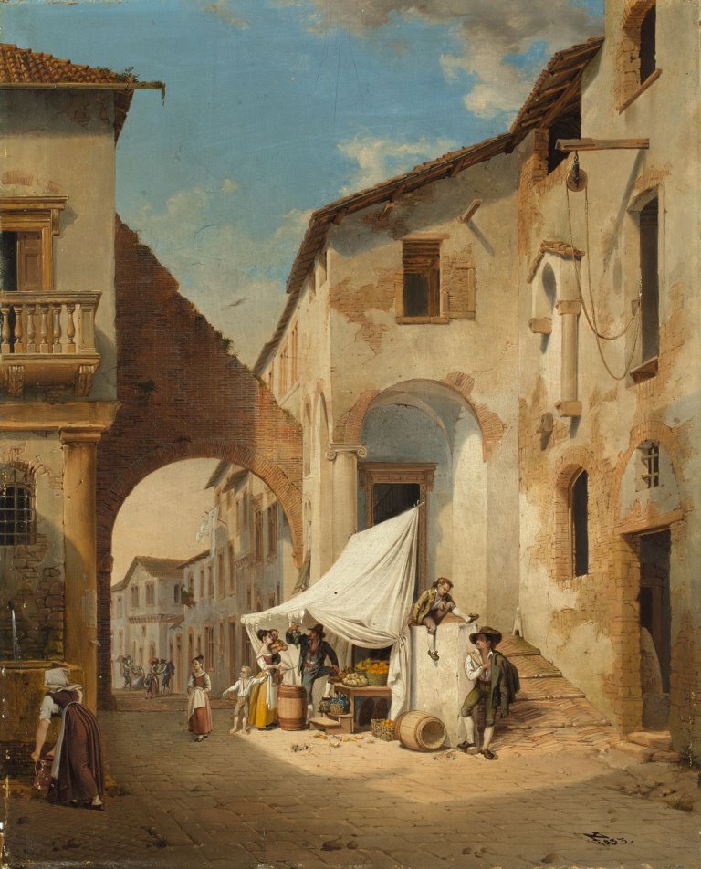 Auf diesem Bild ist das folgende Kunstwerk zu sehen: Michael Neher. Straßenszene in Italien. 1833.