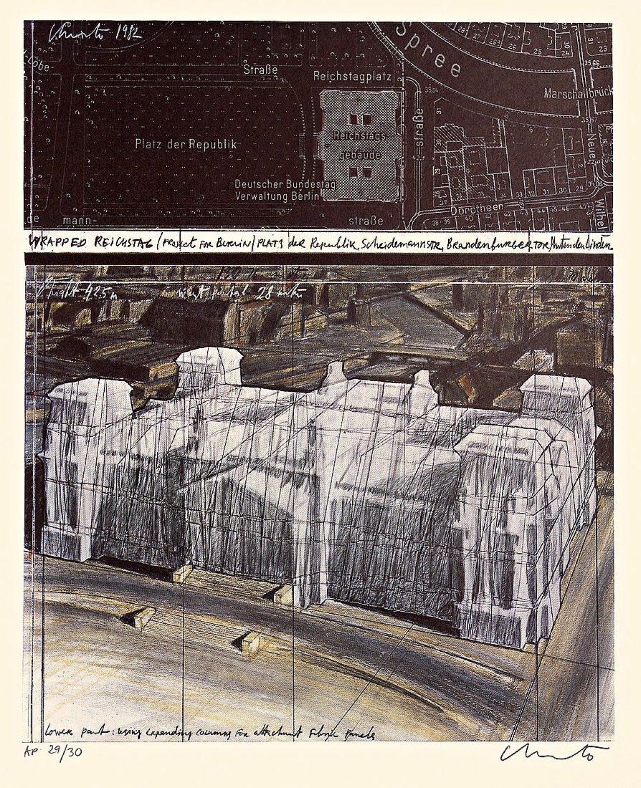 Auf diesem Bild ist das folgende Kunstwerk zu sehen:  Christo. „Wrapped Reichstag, Project for Berlin“. 1985.