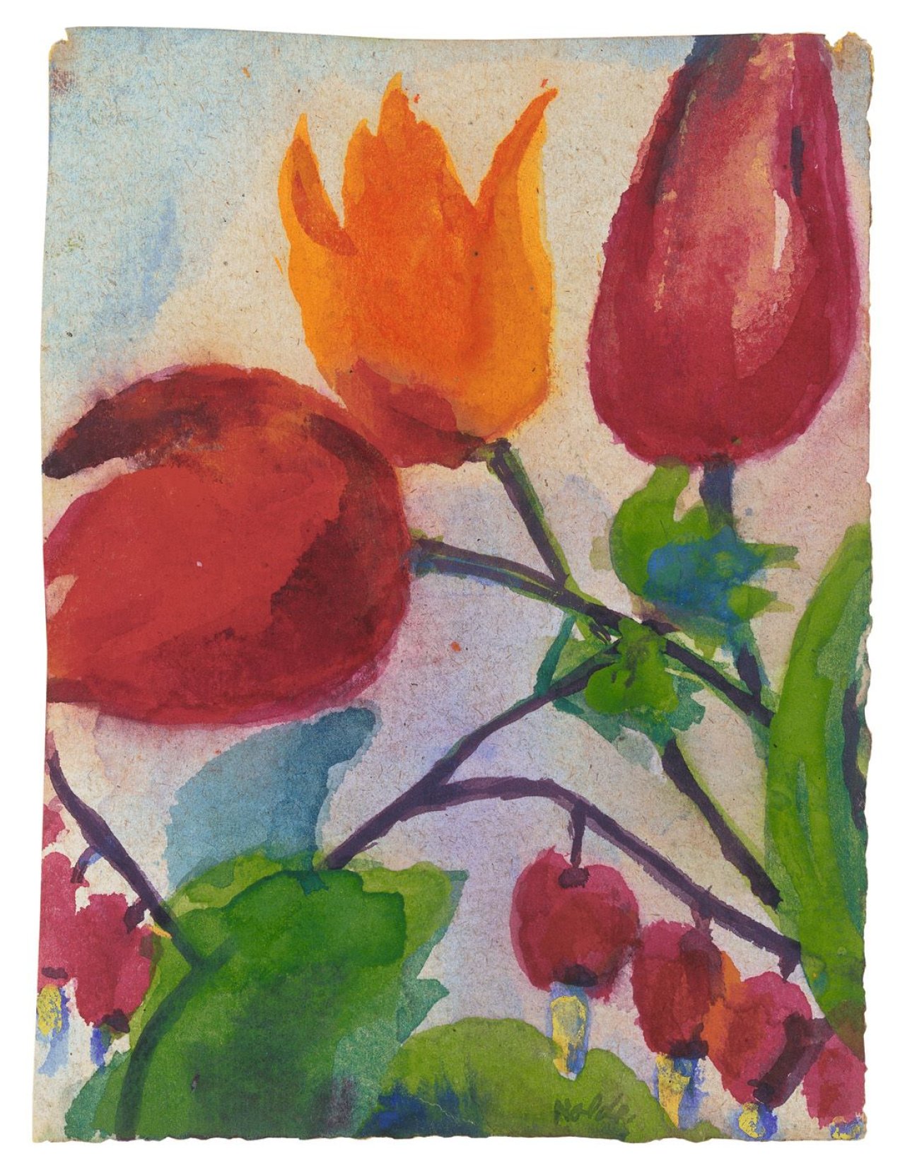 This picture shows the following artwork: Emil Nolde. „Rote Tulpen und Tränende Herzen“. Circa 1948/50.
